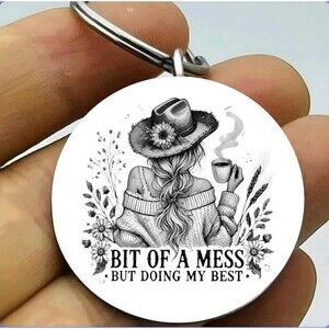 Lady Flower Hat Art Coffee Messy But Doing My Best Stainless Keychain Art
